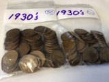 Lot of two 50 count bags of mixed dates 1930's Lincoln Wheat Pennies in circulated condition