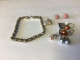 Lot of six fine jewelry items, rhinestone bracelet, 3 Pearl like earrings, Pearl like pendant