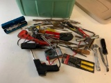 Bin full of Misc Tools. Pipe Wrench, Screwdrivers, Punches, Soldering iron and more