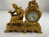 Ansonia Clock Co Gilt Metal Figural Clock with Key and Pendulum