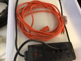 Lot of two extensions cords, orange is 25 feet, black is 50 feet & Belkin 8 plug serge protector