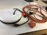 Lot of four item, electrical cord reel with 25 foot cord, 25 foot extension cord & 250 V Connector