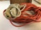 Lot of three power cords, 100 foot orange extension cord and two six plug power surge