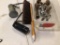 Lot of miscellaneous items, 2 antique door knobs, trailer hitch, channel locks, 2 oil guns and brush