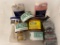 Lot of used furniture finishing products: BriWax, MinWax, paint, shade, and steel wool