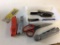 Lot of Cutting Tools, including four knives, sharping stone, Two Tape Cutting Knives, Drywall Saw