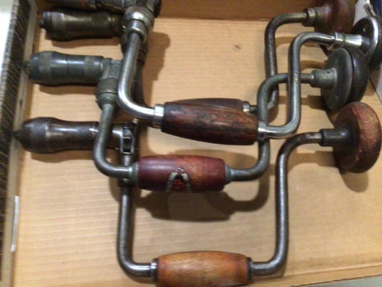 Lot of Four vintage Crank Type Hand Drills with Brown Wood Handles