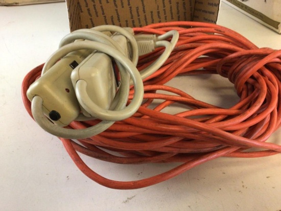 Lot of three power cords, 100 foot orange extension cord and two six plug power surge