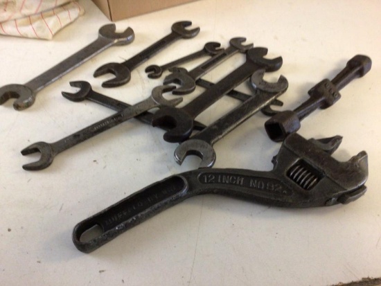 Lot of nine vintage open end wrenches, one vintage 12? Crescent Wrench and one special tool