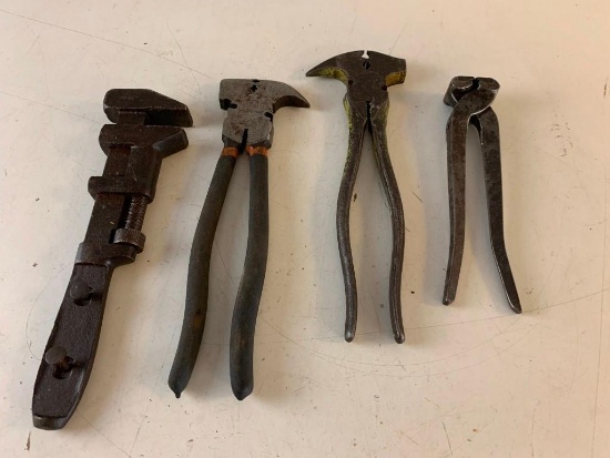Lot of 3 Vintage Pliers with Fencing Pliers and a Vintage Pipe Wrench