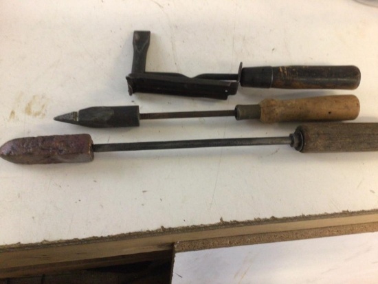 Lot of three vintage tools, one...wood splinters and two pointed head tools.