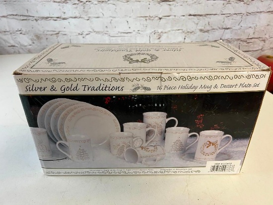 Silver & Gold Traditions 16 Piece Holiday Mug & Dessert Plate Set in the box