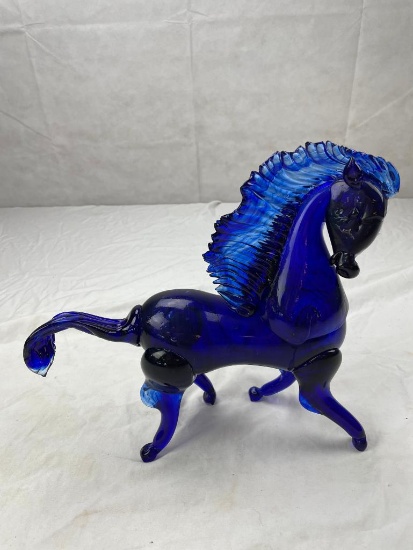 Blue art glass stallion figurine
