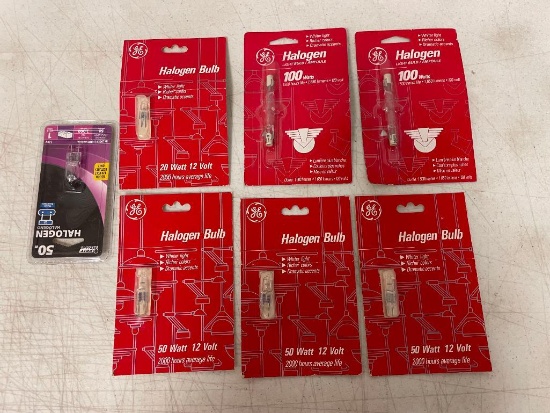Lot of 7 halogen light bulbs new in packaging: 20, 50, and 100 watts