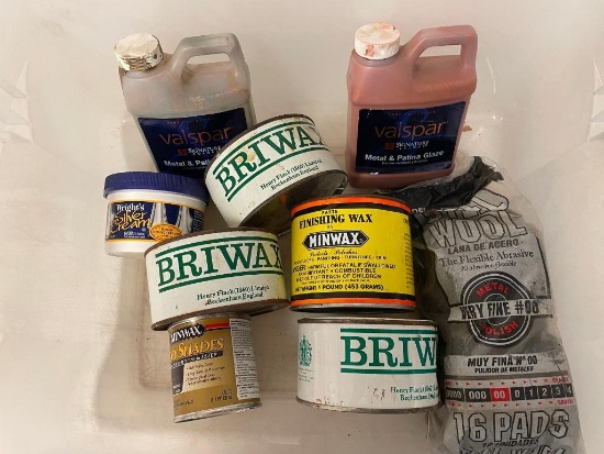 Lot of used furniture finishing products: BriWax, MinWax, paint, shade, and steel wool