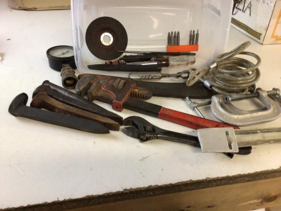 Lot of everyday use tools, monkey wrenches, crescent, 4 antique nails, small hatchet, cable and more