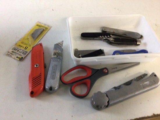Lot of Cutting Tools, including four knives, sharping stone, Two Tape Cutting Knives, Drywall Saw