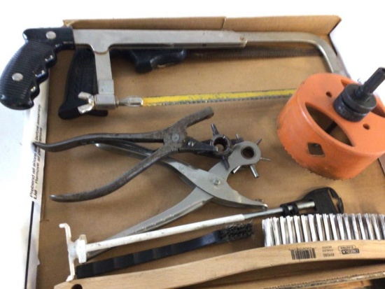 Lot of Miscellaneous Tools, 2 Leather Hole Punch, 2 Saws, Large Drill, Hand Paint Mixer,