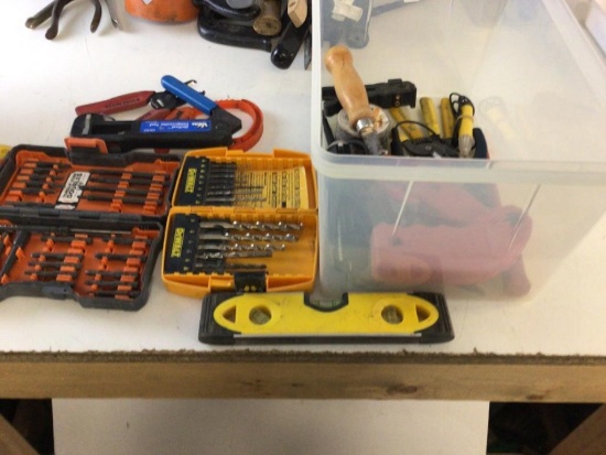 Large lot of miscellaneous tools, drill bits, level, DeWalt drill bit set, Rigid Bit Set, etc