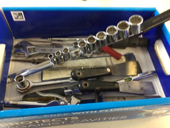 Lot of miscellaneous tools, Husky Socket set, ratchet, crescent wrench, wrenches, putty knife, etc
