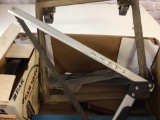 Lot of miscellaneous everyday tools and other items, ear muffs, saw, hand clamp, 14?x14? floor Dolly