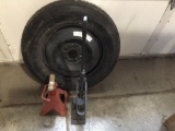 T155-90D Spare Tire, vintage Jack and Jack stand.