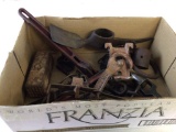 Lot of miscellaneous vintage tools, cum along, pick head, mallet head, trap, latch, chain, and more