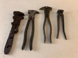 Lot of 3 Vintage Pliers with Fencing Pliers and a Vintage Pipe Wrench