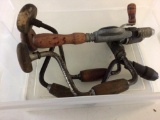 Lot of Three vintage Crank Type Hand Drills with Brown Wood Handles & Crank Drill