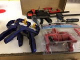 Lot of various clamps, 2 c- clamps, 12 wood clamps, 2 hand clamps & new 3/4? pipe clamp with stand