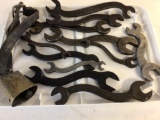Lot of 11 vintage Drop Forged S Shaped Open End Wrenches.plus Cow Bell