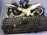 Lot of computer items, including keyboard, mouse, 6 plug surge protector, and many cables