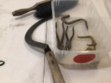 Lot of miscellaneous items, antique sickle, 2 cutting pliers, meat hock, hooks and brush