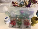 Bin full of Christmas Decorations including Angel Fiqurines, floral decoration, bowls, and bulbs