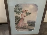 Framed Painting of Young Woman in Pink Dress standing in Meadows holding White Small Blanket, signed