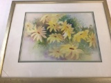 Framed Painting of Yellow Daisies signed by Patsy Edwards Rich. Glass has crack lower right corner
