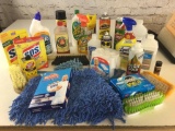 Large Amount of cleaning supplies, includes dry mop head, 4 hand scrubbers, lots of chemicals