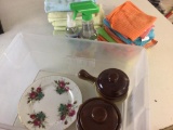 Lot of cleaning items, Collective Plate and Pottery, Glazed Brown Crock Set with lids