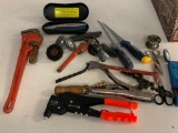 Lot of misc Tools- Pliers, Pipe Wrench, Hand Saws and more