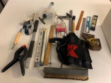 Lot of misc Handyman Tools- tape Measures, Backbrace, Rulers and more