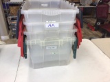 Lot AA Four 12?x15?x21? Clear Plastic Totes with flip lids (2Red, Green & Black)
