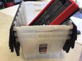 Lot of three 16? x 21? x 12? Clear totes with black flip lids, also one 14? x 20? Insta Tote