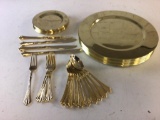 Lot of Gold Tone Dinner Set, includes ten 12? plates, nine 6? plates, 10 spoons, 5 forks & 4 Knives