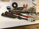 Lot of everyday use tools, monkey wrenches, crescent, 4 antique nails, small hatchet, cable and more