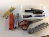 Lot of Cutting Tools, including four knives, sharping stone, Two Tape Cutting Knives, Drywall Saw