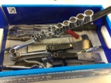 Lot of miscellaneous tools, Husky Socket set, ratchet, crescent wrench, wrenches, putty knife, etc