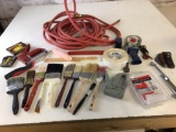 Large Lot of Painting Supplies, 10 brushes, tape, two stapler, staples, 2 rollers and hose