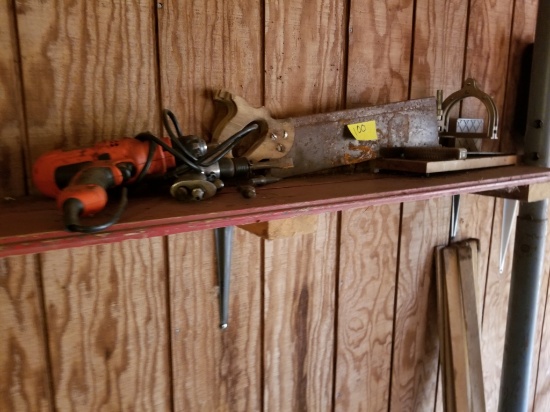 Contents of shelf, Air Chisel, Drill, Hand Saws