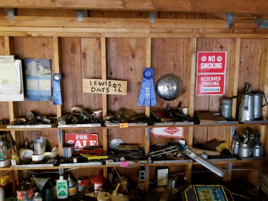 Contents of Top Shelf, Oil Cans, Hubcap Clock