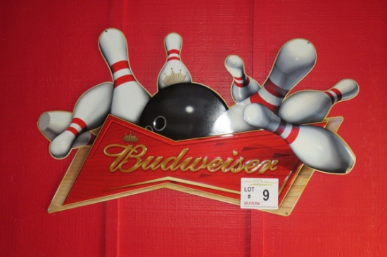 Metal Budweiser Bowling Wall Sign.